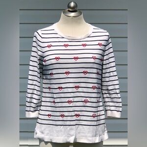 Talbots Size Medium Sweater - Red Hearts over Black & White Stripes
